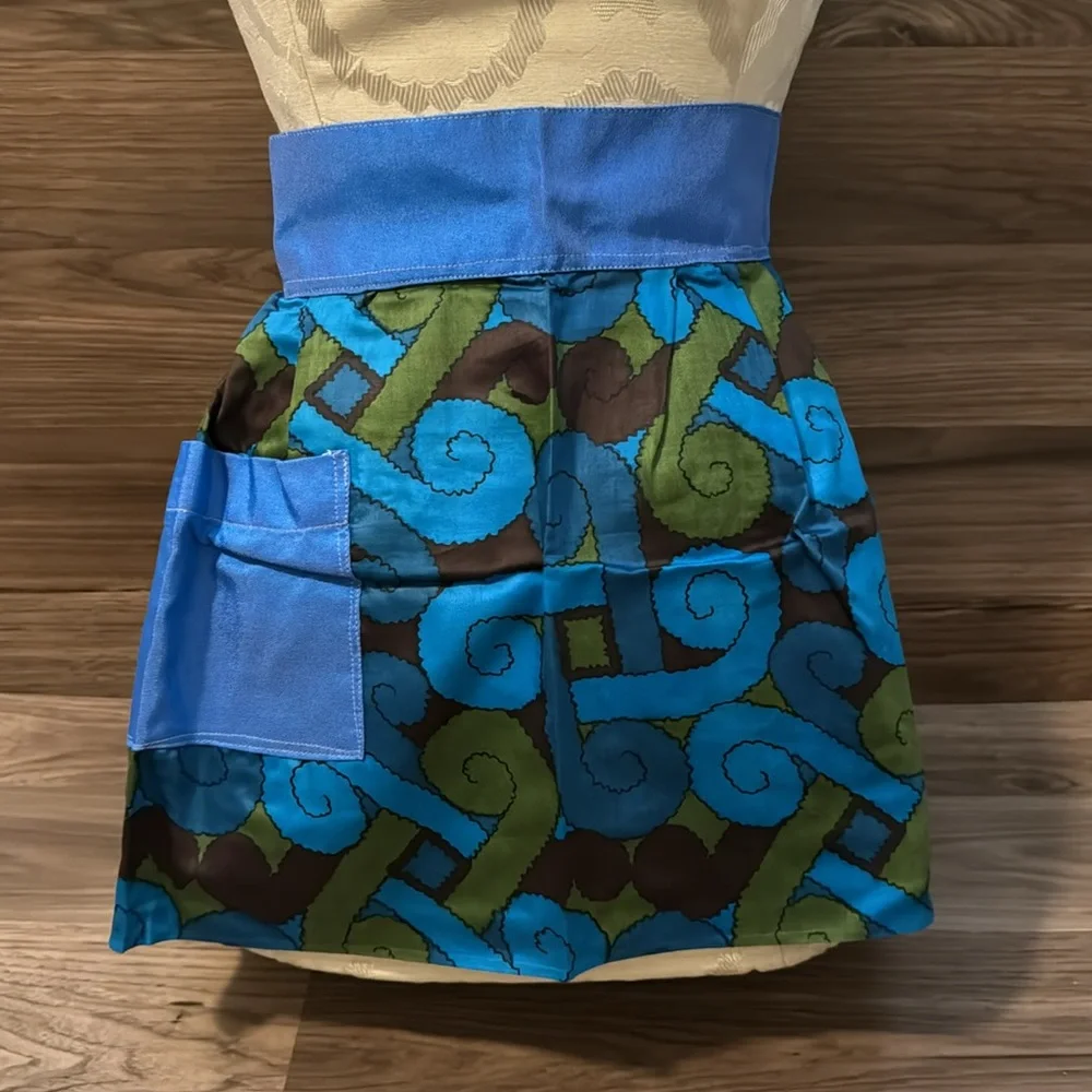 Vintage Apron Handmade Electric Blue Abstract Green Brown Pocket Tie Waist